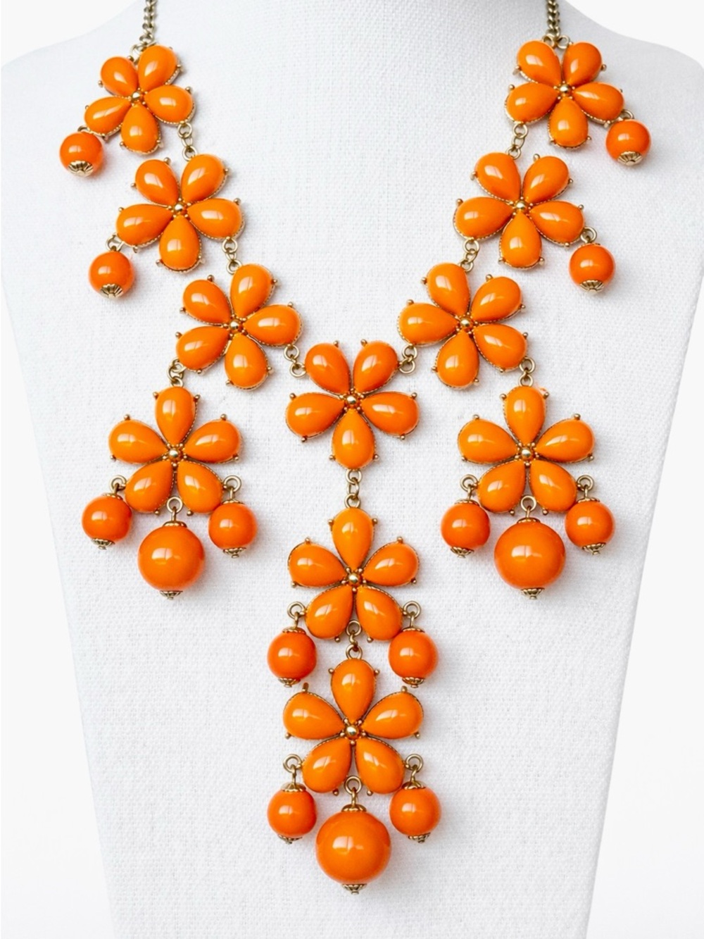 Orange Floral Statement Bib Necklace 23” Bold Resin Flower Cluster Drop Necklace